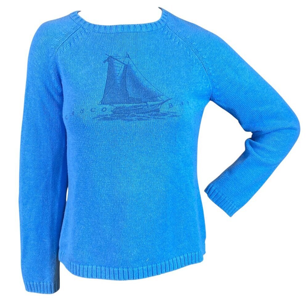 L.L. Bean Sailboat Graphic Cotton Sweater Sz M Reg Blue Casco‎ Bay Maine #117S